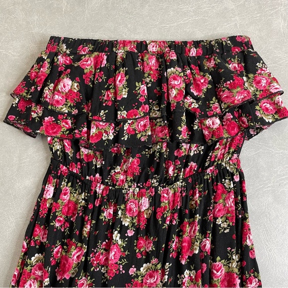 Rue21 Strapless Dress Red Floral Pattern Ruffled Top Edge and Asymmetric Hem - Picture 6 of 6